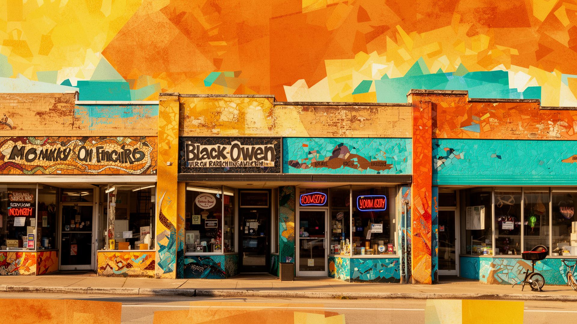 Mosaic of neighborhood storefronts representing community impact